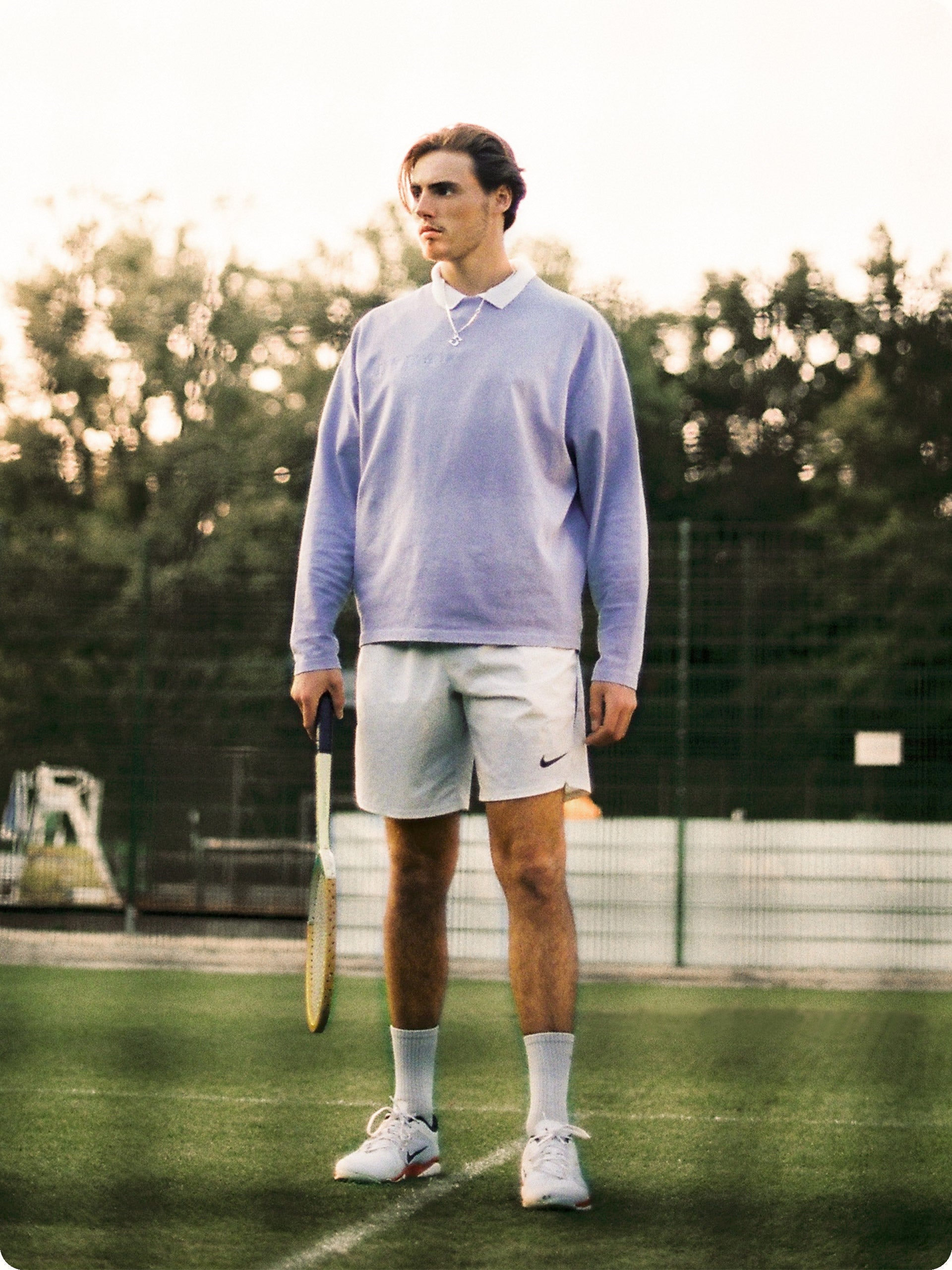 Lilac Dreamy & Elegant Longsleeve with Embroidery, styled with our Classic Polo on the Bad Homburg Grass Tennis Court